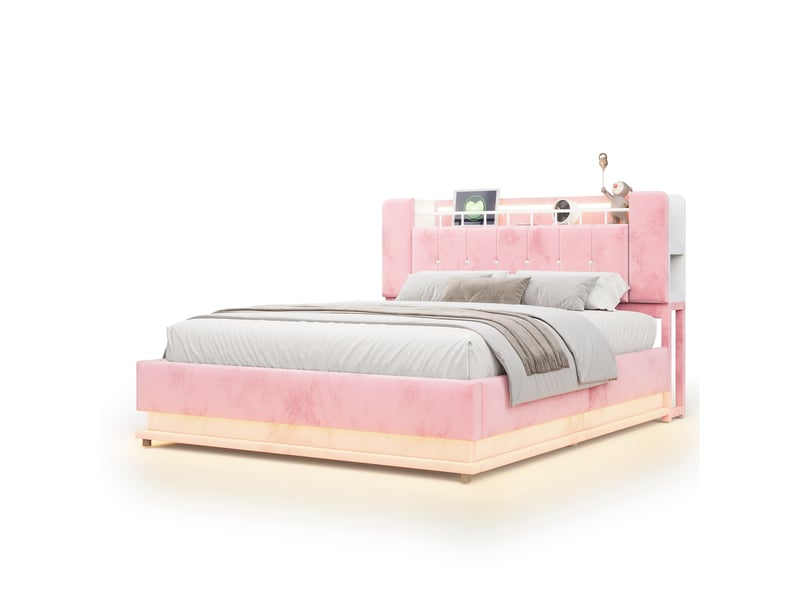 Lit coffre 2 places 160x200 cm en velours rose avec led, usb et rangement hydraulique, sans matelas - Conforama A