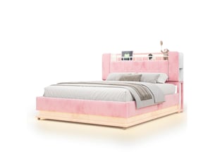 Lit coffre 2 places 160x200 cm en velours rose avec led, usb et rangement hydraulique, sans matelas