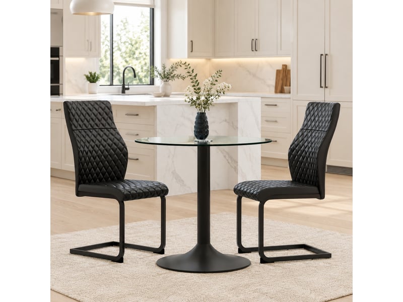 Ensemble table et chaises avec 1 table ronde et 2 chaises - verre trempé, métal et pu - noir transparent - Conforama C