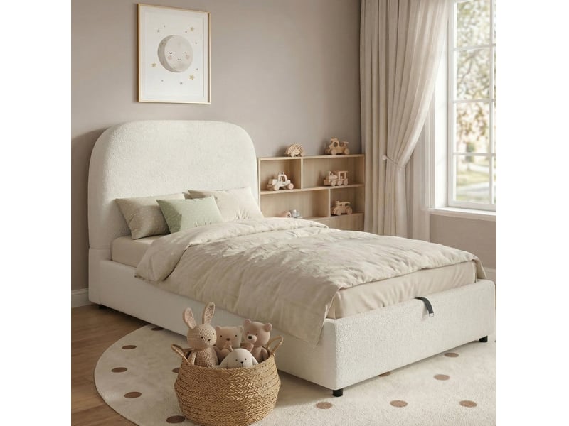  Lit enfant 90x200 cm bouclé avec rangement hydraulique beige  - Conforama D