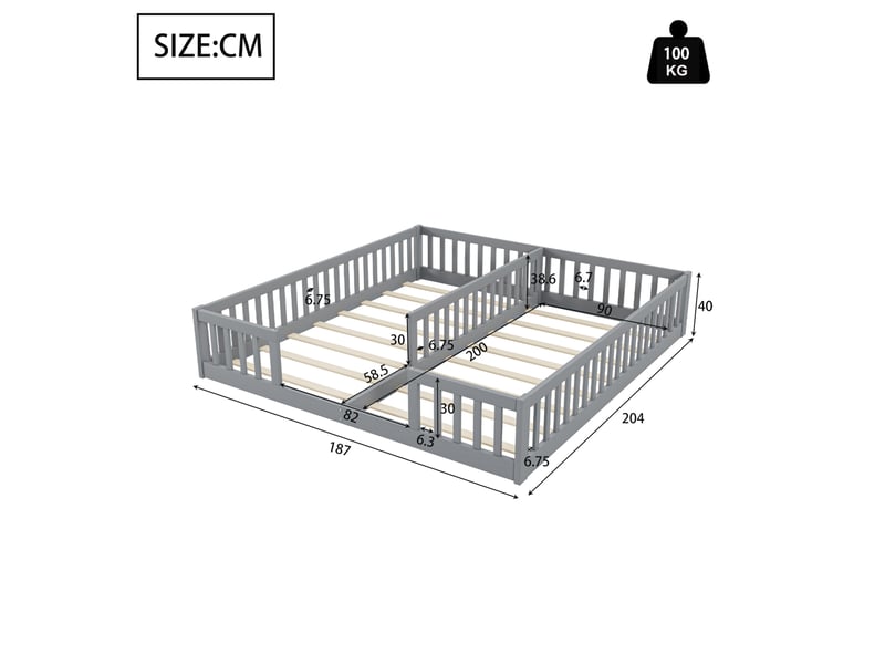  Lit enfant pour deux 90 x 200 cm, barrières de sécurité, sommiers à lattes, gris  - Conforama C