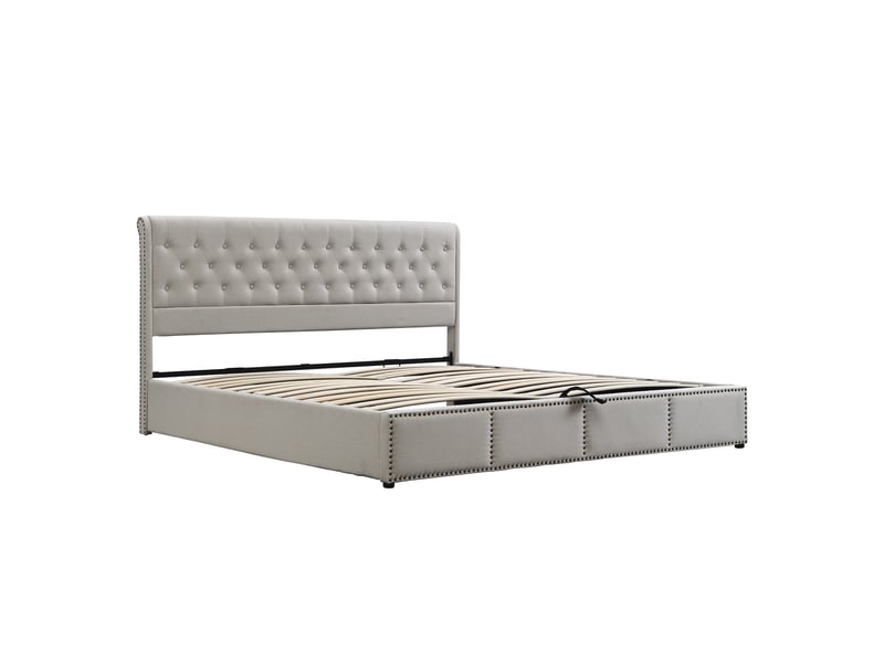  Lit coffre enfant 140x190 cm avec tête de lit et sommier, rangement et décor à rivets, lin, gris clair, sans matelas  - Conforama A