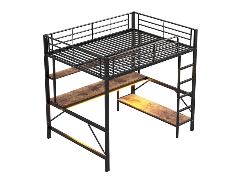  Lit mezzanine noir 140x200 cm avec bureau, led, usb, prise et étagères  - Conforama E