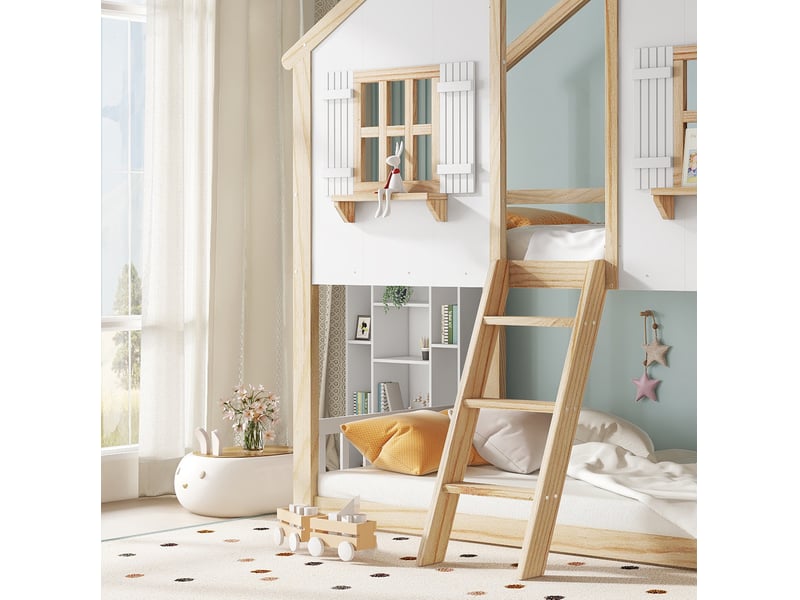 Lit superposé enfant 90 x 200 cm avec toit, fenêtres et échelle, blanc et naturel - Conforama E