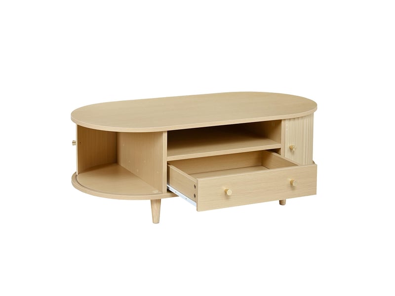 Table basse avec un tiroir et des espaces de rangement ouverts, 4 pieds, couleur chêne  - Conforama E