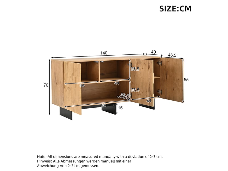  Buffet bas 140x40x70 cm, avec 3 portes, rangement, finition couleur bois, design nature, meuble salon et cuisine, mdf  - Conforama C