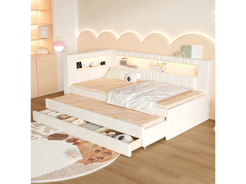  Lit banquette 90x200 capitonné avec ports usb, éclairage led, lit gigogne avec 3 tiroirs, blanc  - Conforama D