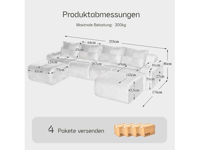  Canapé d'angle modulable 4 places en velours côtelé gris foncé, 2 poufs, porte-gobelet et poche latérale  - Conforama C