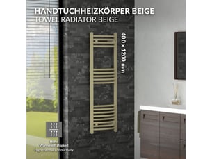 Luxebath sèche-serviettes design sahara 400 x 1200 mm, raccordement latéral, courbé, haute conductivité thermique, radiateur mural porte-serviettes pour salle de bain, puissance 375 w, beige mat