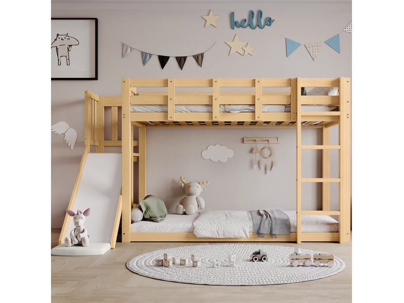 Lit superposé enfant ulevr avec toboggan et rideaux 90x200 cm, escalier, barrières de sécurité, bois et mdf, coloris naturel - Conforama E