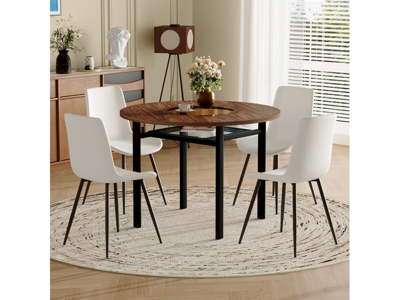 Table repas ronde rangement 100 cm verre mdf bois brun avec 4 chaises pu blanches homvra