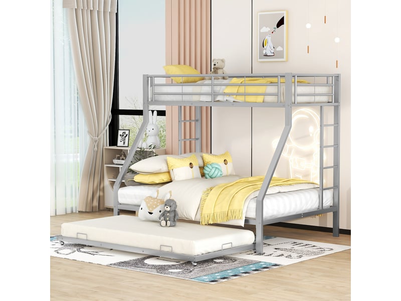  Lit superposé 4 places 90×200 cm, 140×200 cm et 90×190 cm avec lit gigogne - okmyhome- métal argenté, sans matelas  - Conforama B
