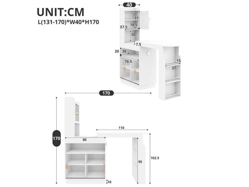  Bar extensible avec rangement 131–170 cm, meuble bar avec portes vitrées, led connectée, prises usb &amp; type-c - blanc  - Conforama C