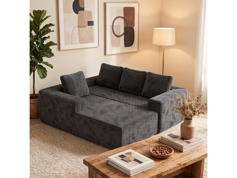  Canapé d’angle modulable 261 x 168 cm avec méridienne droite, assise profonde, velours côtelé, sans montage, gris  - Conforama D