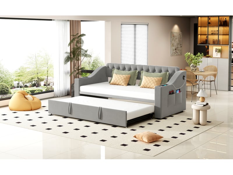 Lit gigogne 90x190 cm, velours gris, lit multifonction avec port usb et accoudoirs rangement - sans matelas - Conforama B