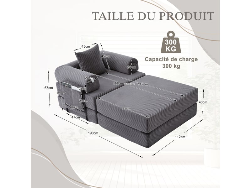  Fauteuil modulable 1 place en velours côtelé gris foncé avec repose-pieds et coussin  - Conforama E