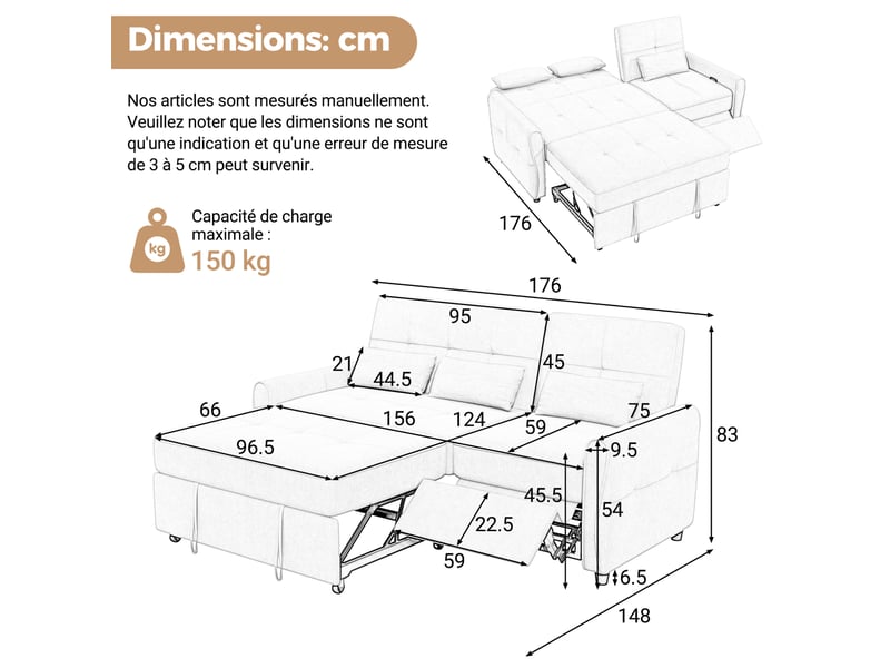 Canapé convertible 3 places 176 x 148 x 83 cm beige en chenille, dossier réglable et surface extensible - Conforama C