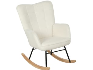 Fauteuil à bascule rembourré avec accoudoirs et dossier haut, en polyester aspect bouclette blanc, 98 × 71 × 101 cm