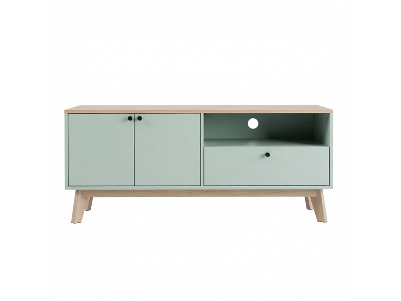  Meuble tv 120 cm avec 2 portes, tiroir et niche ouverte, vert clair et chêne  - Conforama A