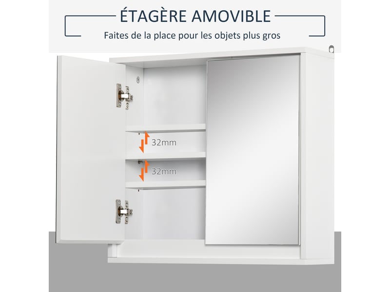  Armoire de toilette murale avec miroir 2 étagères 48 x 14,5 x 45 cm  - Conforama D