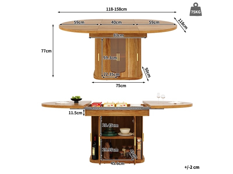  Table à manger extensible ronde à ovale 118-158x118x77 cm, mdf, noyer  - Conforama E