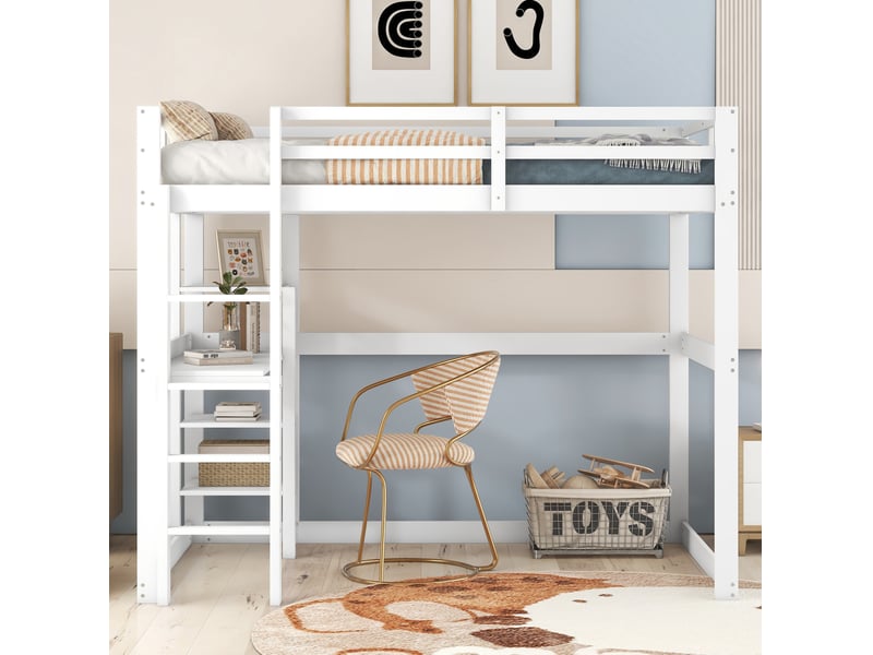  Lit mezzanine tcqpz 140 x 200 cm avec bureau et 4 espaces de rangement en pin blanc  - Conforama E