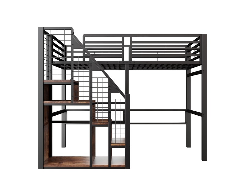  Lit mezzanine 90*200 cm en métal avec échelle sécurisée, rangements et étagère, noir  - Conforama A
