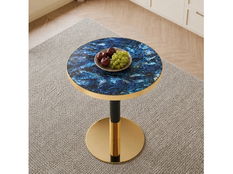  Guéridon rond ø60 cm bleu effet marbre, pied central en métal noir et doré  - Conforama D