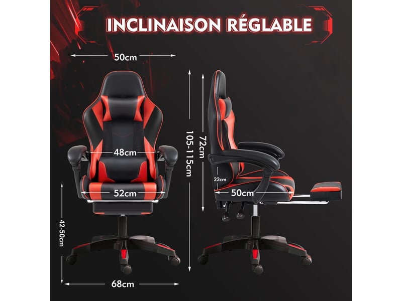  Chaise gaming ergonomique, repose-pieds télescopique Réglable Fauteuil Gaming - Conforama C