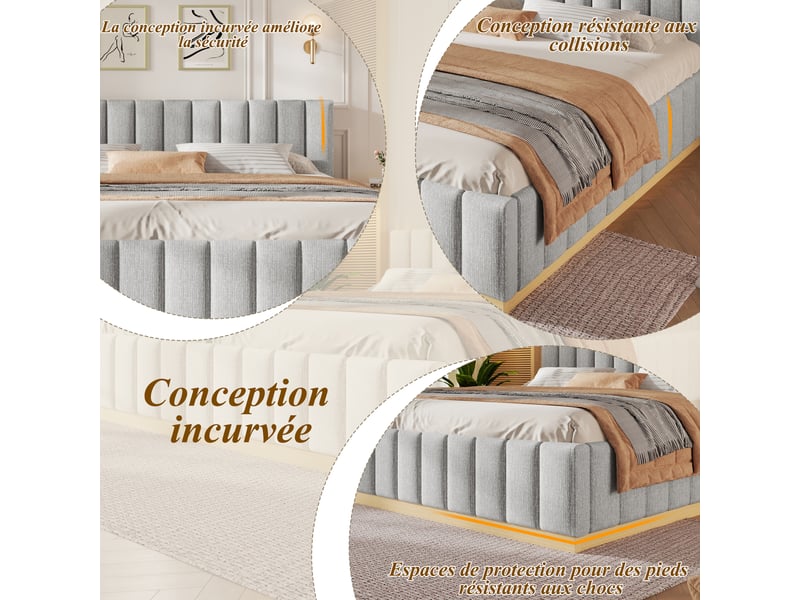  Lit plateforme 180x200 cm gris, tissu chenille, tête de lit rembourrée, sommier à lattes inclus, structure anti-glissement  - Conforama D
