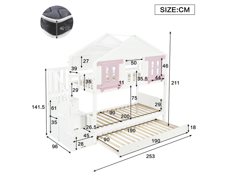 Lit superposé enfant avec lit gigogne, rangement escalier et espace penderie blanc et rose 90 x 200 cm - Conforama E