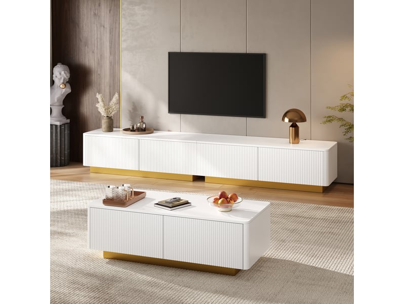 Meuble tv et table basse avec rangements, façades rainurées et socles dorés, pour salon moderne, blanc - Conforama C