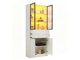 Vitrine colonne blanche avec éclairage led, portes en verre trempé et deux tiroirs, 70 x 34 x 180, blanc
