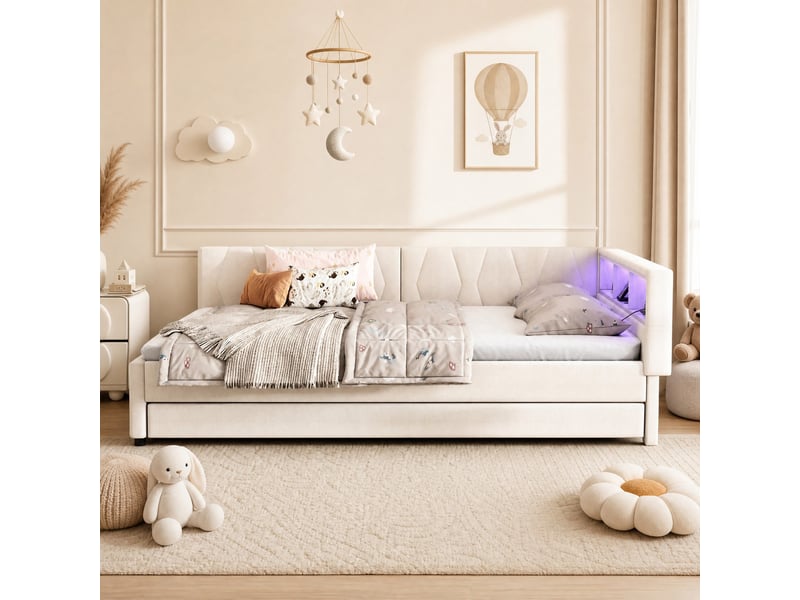 Lit gigogne 140x200 cm avec led et ports usb en lin beige - Conforama C