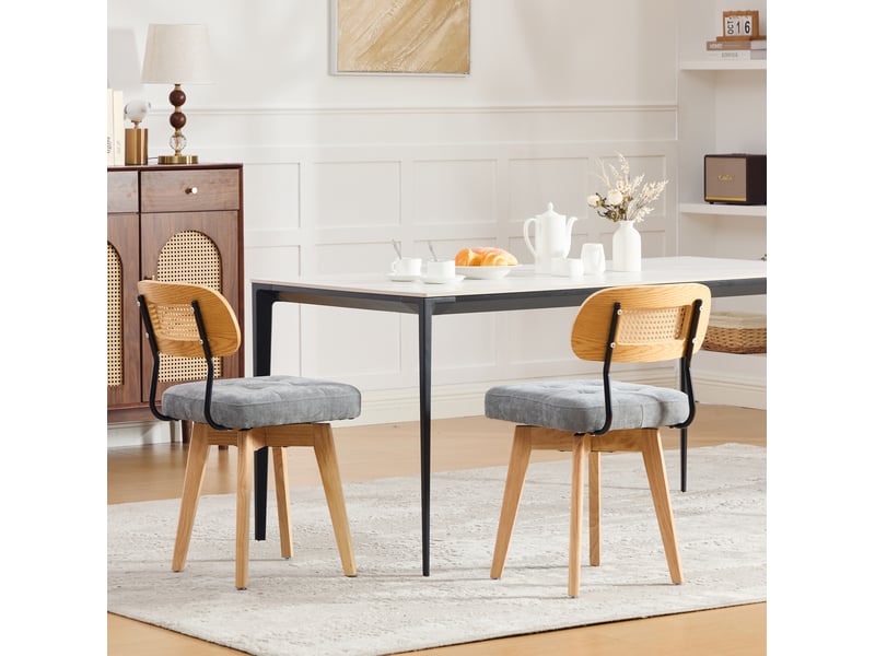  Lot de 2 chaises de salle à manger pivotantes 360° en tissu gris, dossier en paille, style vintage pour votre intérieur  - Conforama E