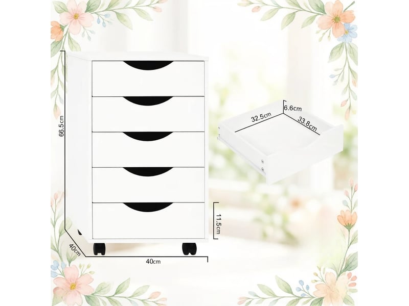  Caisson de bureau mobile 40x40x66,5 cm – blanc – 5 tiroirs, roulettes 360° avec freins intégrés  - Conforama C
