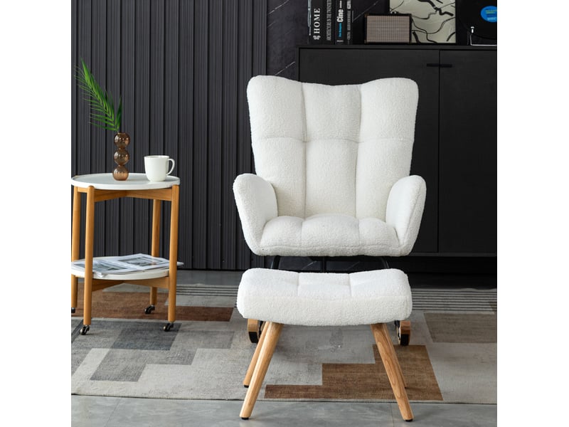  Fauteuil à bascule blanc en bouclette, repose-pieds réglable 49 x 38 x 38 cm, structure en bois et patins feutre  - Conforama B