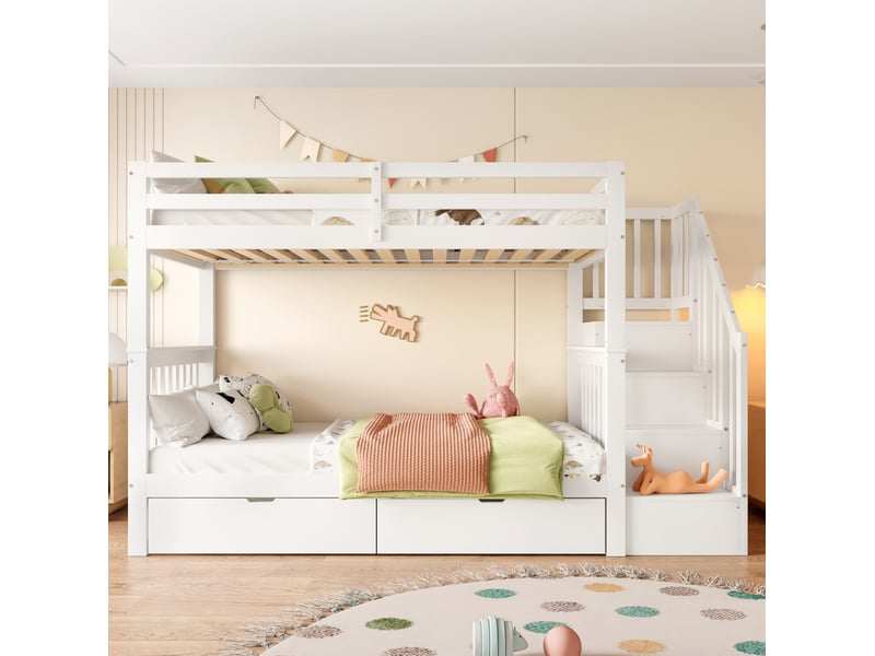  Lit superposé enfant 90x200 cm avec rangements et tiroirs blanc  - Conforama D