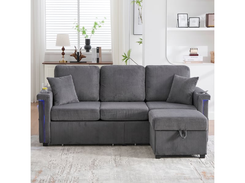  Canapé modulable avec pouf coffre 194 cm, 2 tiroirs de rangement, led, usb et usb-c, porte-gobelets, poches latérales, velours côtelé gris foncé Radiant Stride - Conforama D
