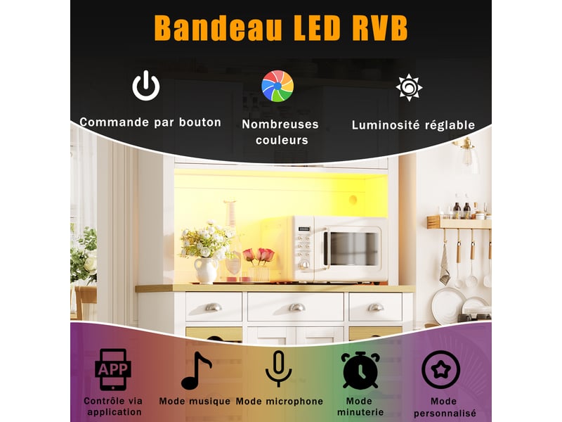 Meuble de cuisine muvano, armoire de cuisine haute blanche avec éclairage multicolore, 120 × 40 × 188 cm - Conforama R