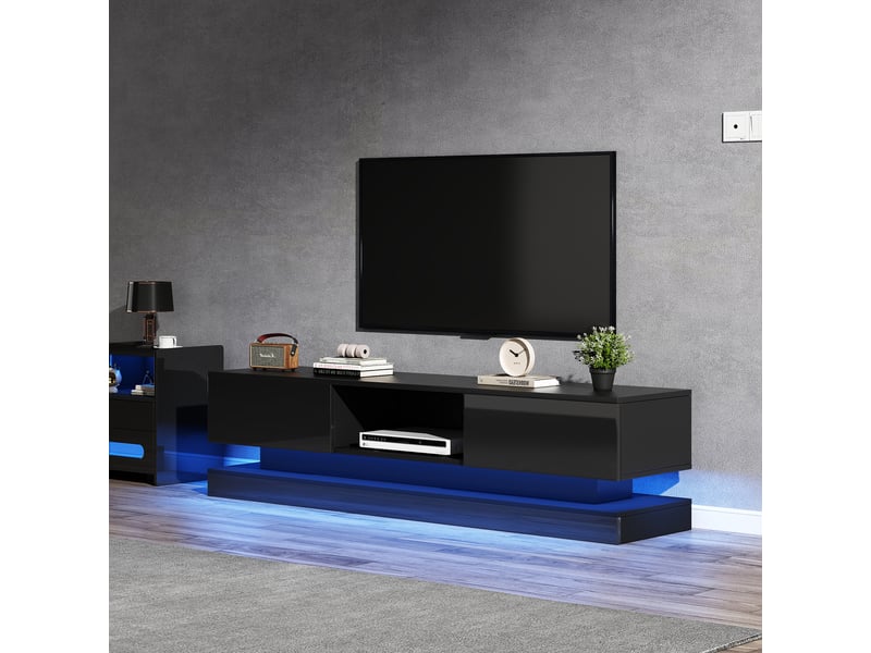  Meuble tv noir brillant 160x35x40,5 cm avec led, contrôle des applications, 2 tiroirs, conception anti-basculement, meuble tv bas  - Conforama D