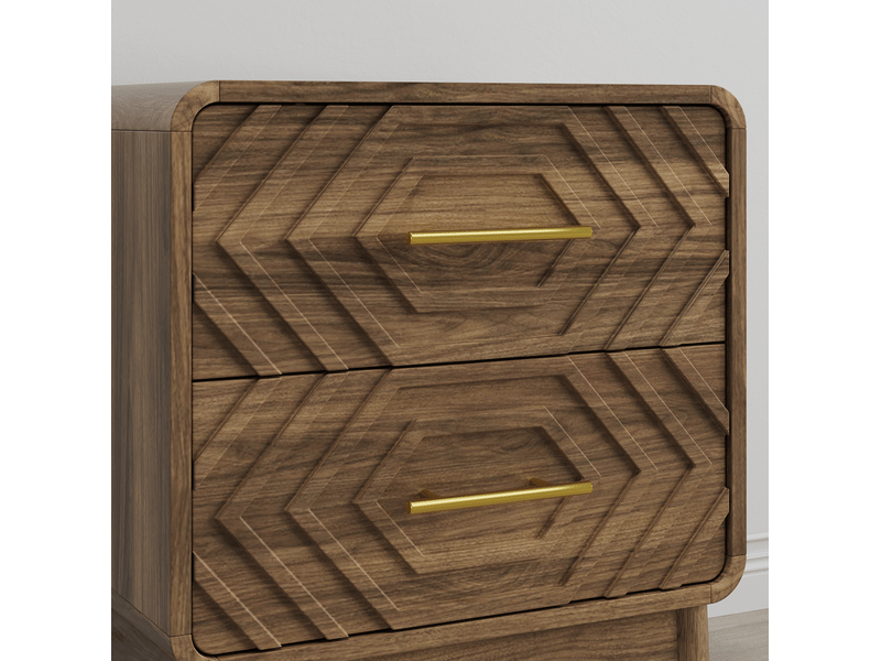  Table de nuit 48 x 38 x 56 cm marron noyer en mdf, 2 tiroirs à relief géométrique et pieds en bois  - Conforama E