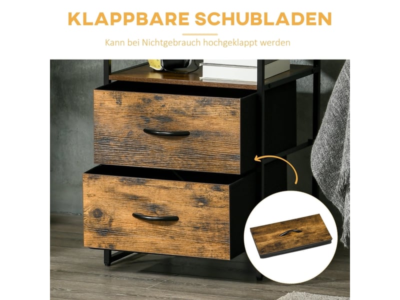 Commode industrielle - brun rustique - tiroirs pliables en tissu - étagères supérieures - cadre en acier robuste 45x40x70.5cm - Conforama E