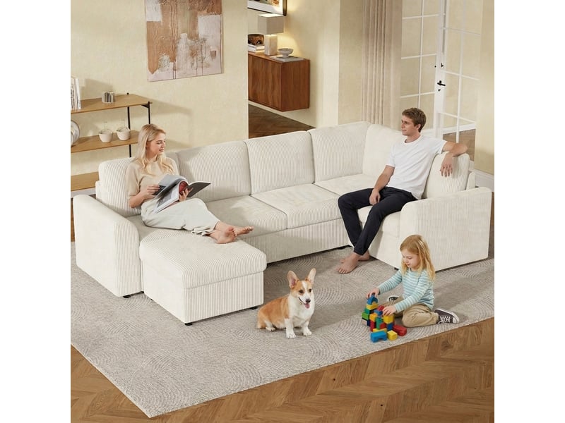Canapé d'angle convertible 6 places en velours côtelé beige, avec pouf à rangement, 282×153×85 cm, mousse haute densité - Conforama B