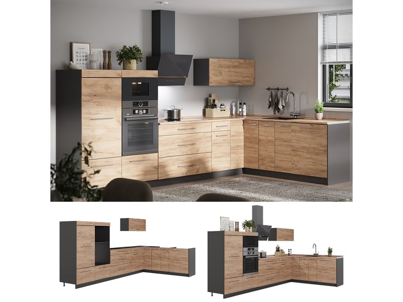 Vicco cuisine en angle, chêne de force doréanthracite, 347 x 207 cm, pt anthracite - Conforama C