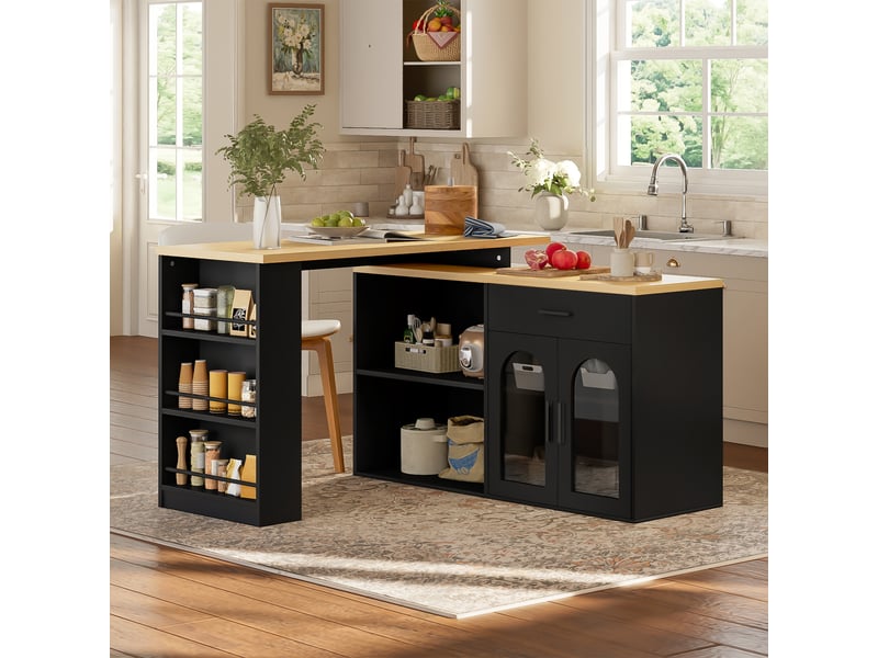  Îlot de cuisine fixe avec plateau pivotant à 360°, buffet de rangement avec tiroir et étagères, table de bar en mdf, noir et naturel  - Conforama D
