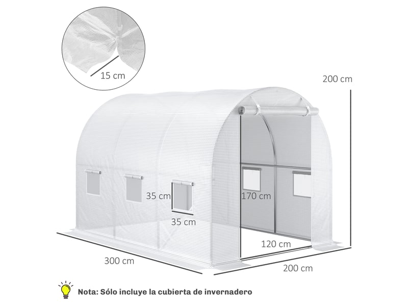  Bâche de rechange blanche pour serre en polyéthylène 3 x 2 x 2 m avec 6 fenêtres et porte enroulable  - Conforama E