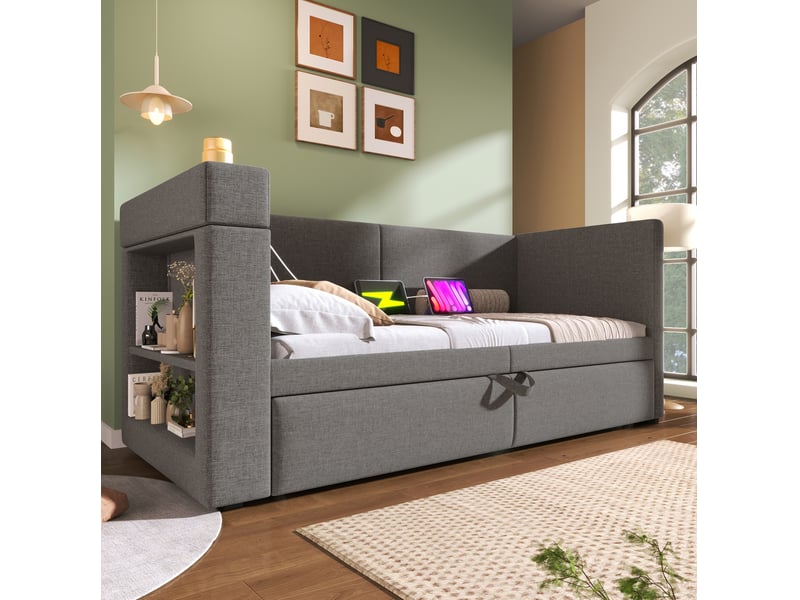  Lit de jour, 90x200 cm, usb et porte gobelets, accoudoirs réversibles, matelas non inclus, bois et métal, coloris gris  - Conforama D