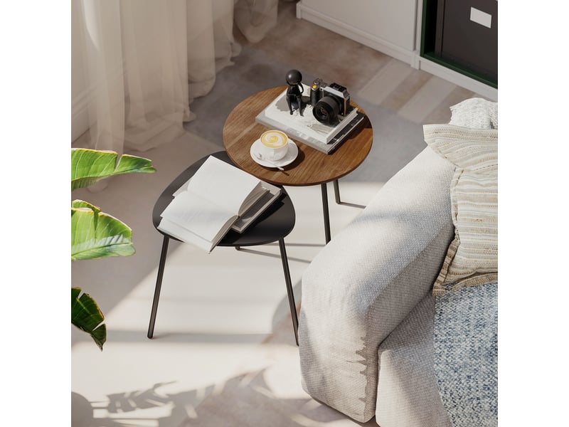  Lot de 2 tables basses gigognes, tables d'appoint contemporain cadre en métal, noyer et noir, ronde et triangulaire  - Conforama A