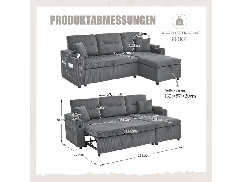  Canapé 3 places, canapé de salon – en velours tricoté, avec méridienne, avec rangement, porte-gobelets, port usb  - Conforama R